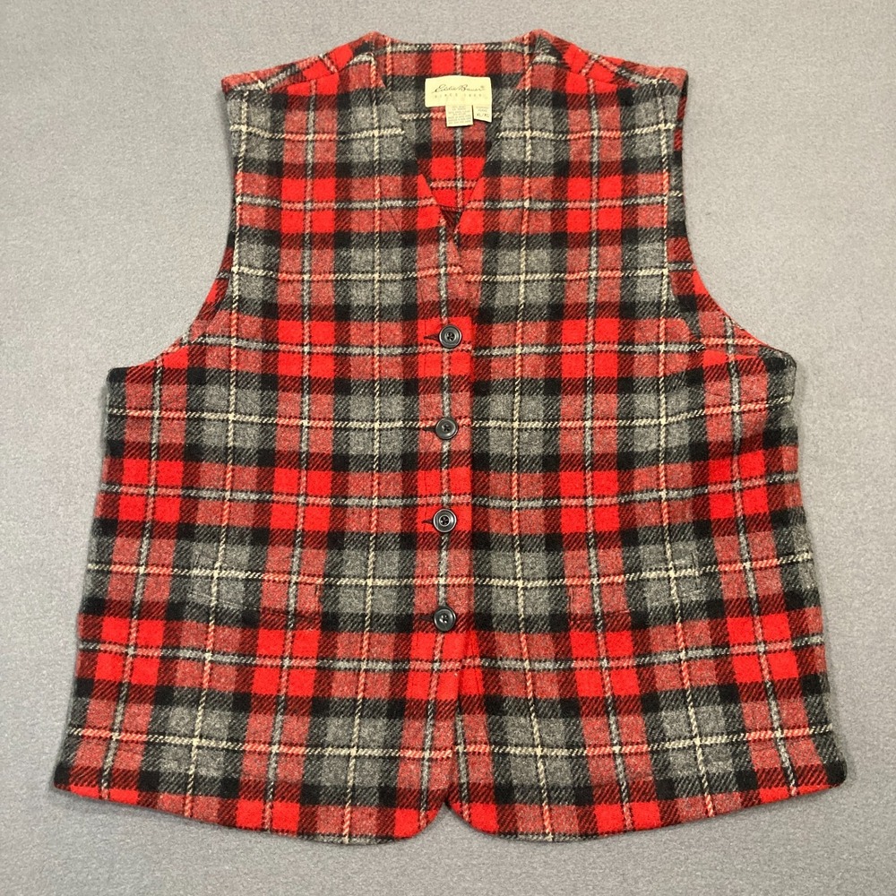 Vintage 90s Eddie Bauer Wool Vest Women's Size XL‎ Red Plaid Button Up